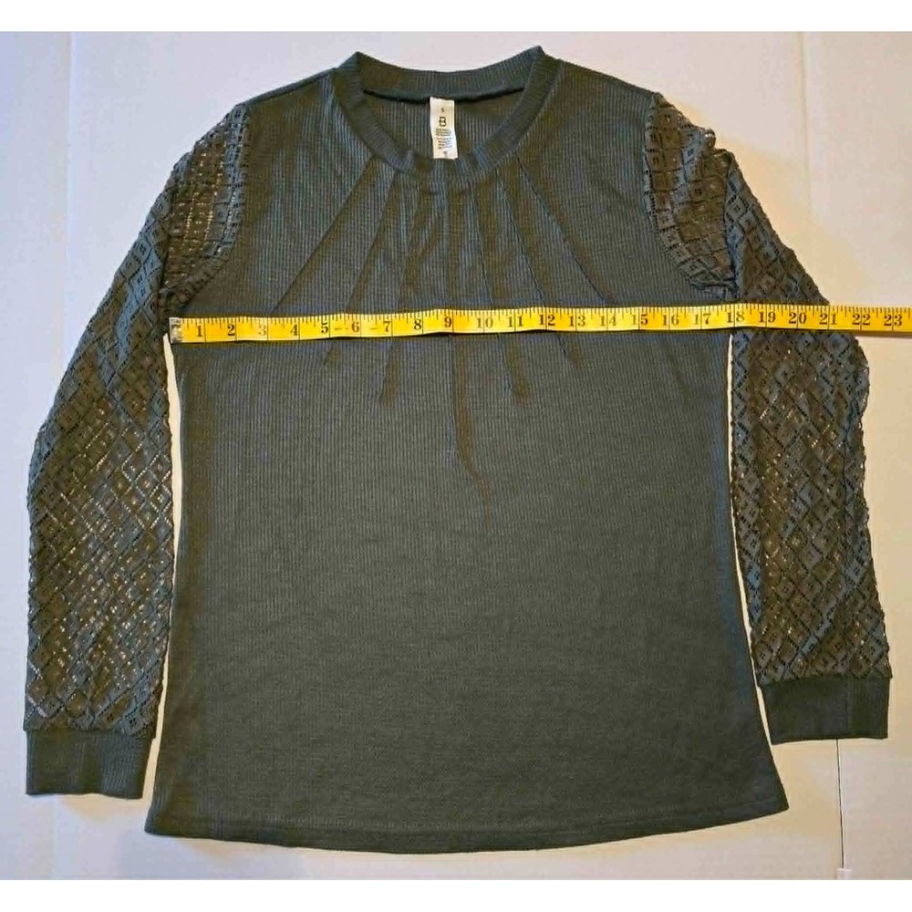 B Darlin Womens Olive Green Ribbed Knit Top Crochet Lace Long Sleeve Pleated S